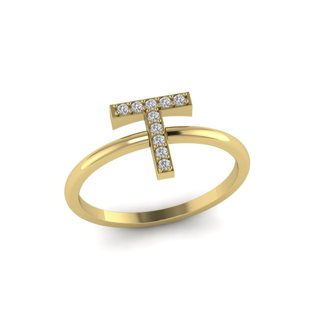 Letter T Ring In Gold Or Silver With Diamonds