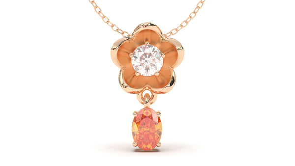 Pendant Flower Theme with Round White Diamond and Oval Orange Sapphire | Bloom Flora XV