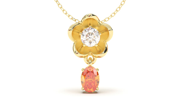 Pendant Flower Theme with Round White Diamond and Oval Orange Sapphire | Bloom Flora XV