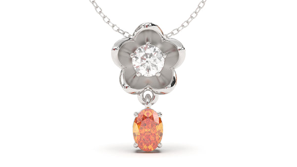 Pendant Flower Theme with Round White Diamond and Oval Orange Sapphire | Bloom Flora XV