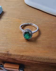 Emerald Halo Ring with White Diamonds made in 9K White Gold